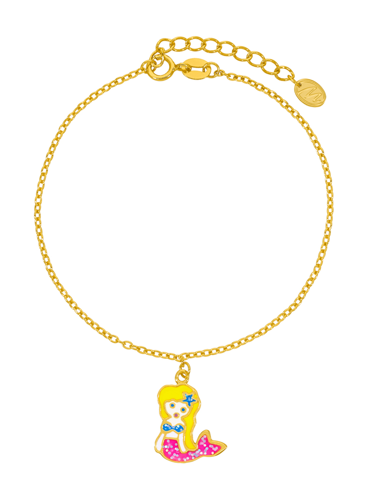 Bracciale sirena in argento 925 placcato oro 18K. Smalto rosa, turchese e giallo. Dettagli con glitter. Catena adattabil