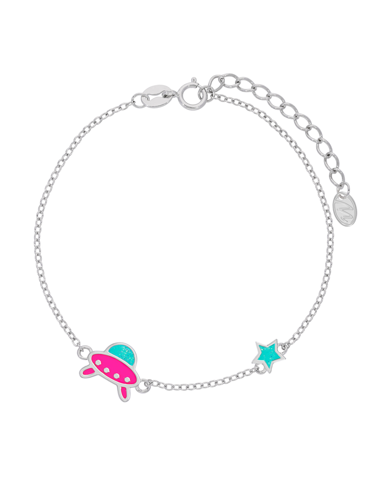 Bracciale astronave in Argento 925 rodiato. Smalto fucsia e turchese. Dettagli con glitter. Catena adattabile. Collezion