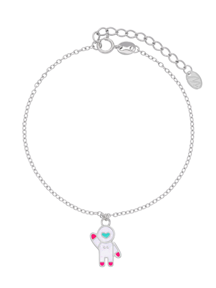 Bracciale astronauta. Argento 925 rodiato. Smalto bianco, fucsia e turchese. Dettagli con glitter. Catena adattabile. Co