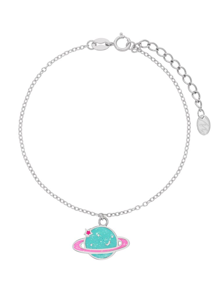 Bracciale pianeta. Argento 925 rodiato. Smalto Turchese e rosa. Dettagli con glitter. Catena adattabile. Collezione raga