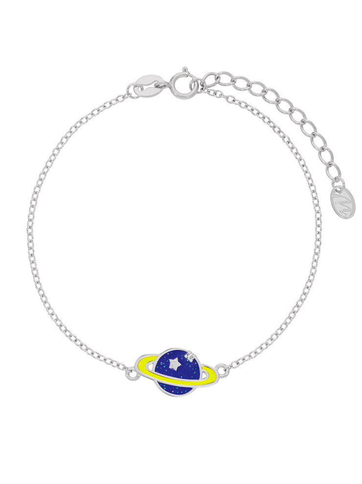 Bracciale pianeta con zircone, Argento 925 rodiato. Smalto blu notte e giallo fluo. Dettagli glitterati. Catena adattabi