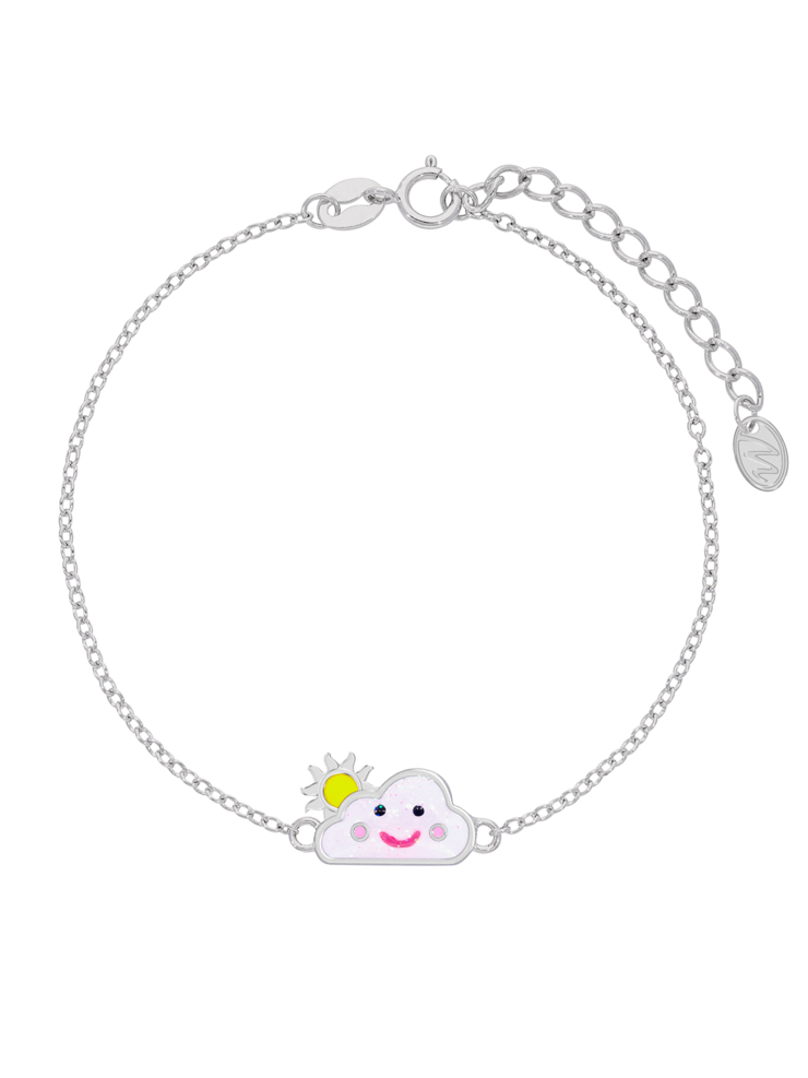 Bracciale nuvola e sole. Argento 925 rodiato. Smalto bianco, rosa e giallo. Dettagli glitterati. Catena adattabile. Coll