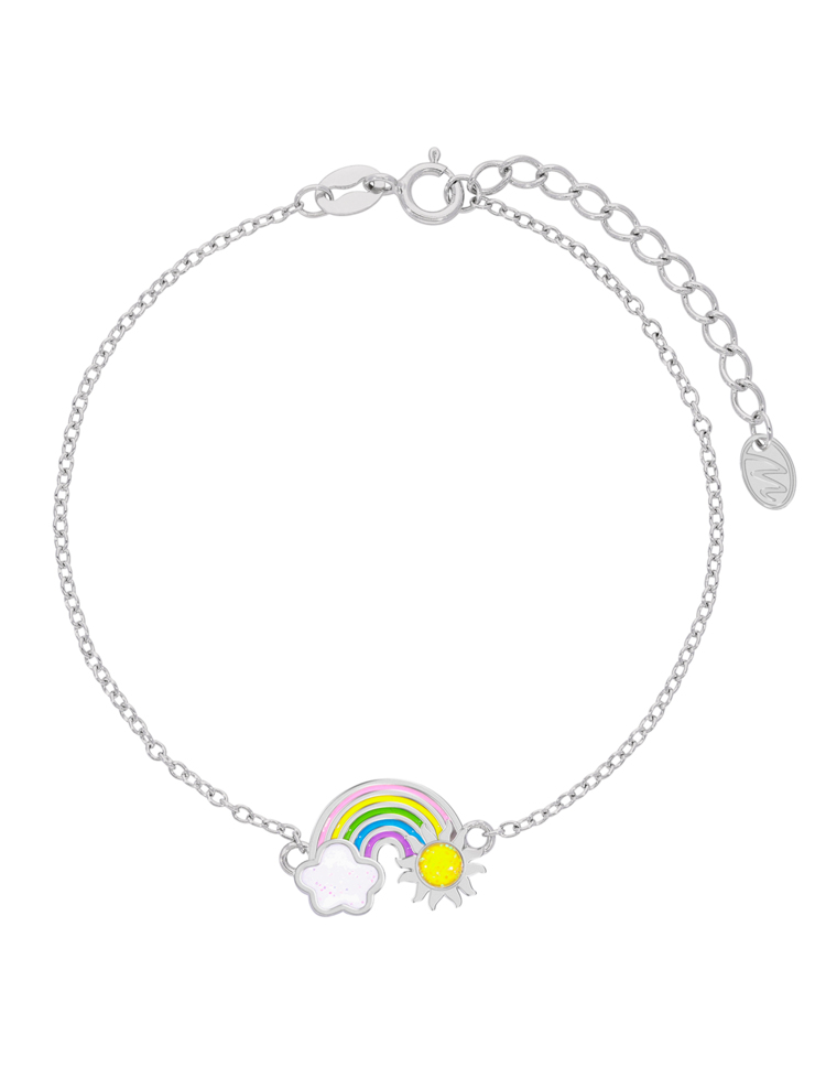 Bracciale arcobaleno. Argento 925 rodiato. Smalto multicolore. Dettagli glitterati. Catena adattabile. Collezione bambin