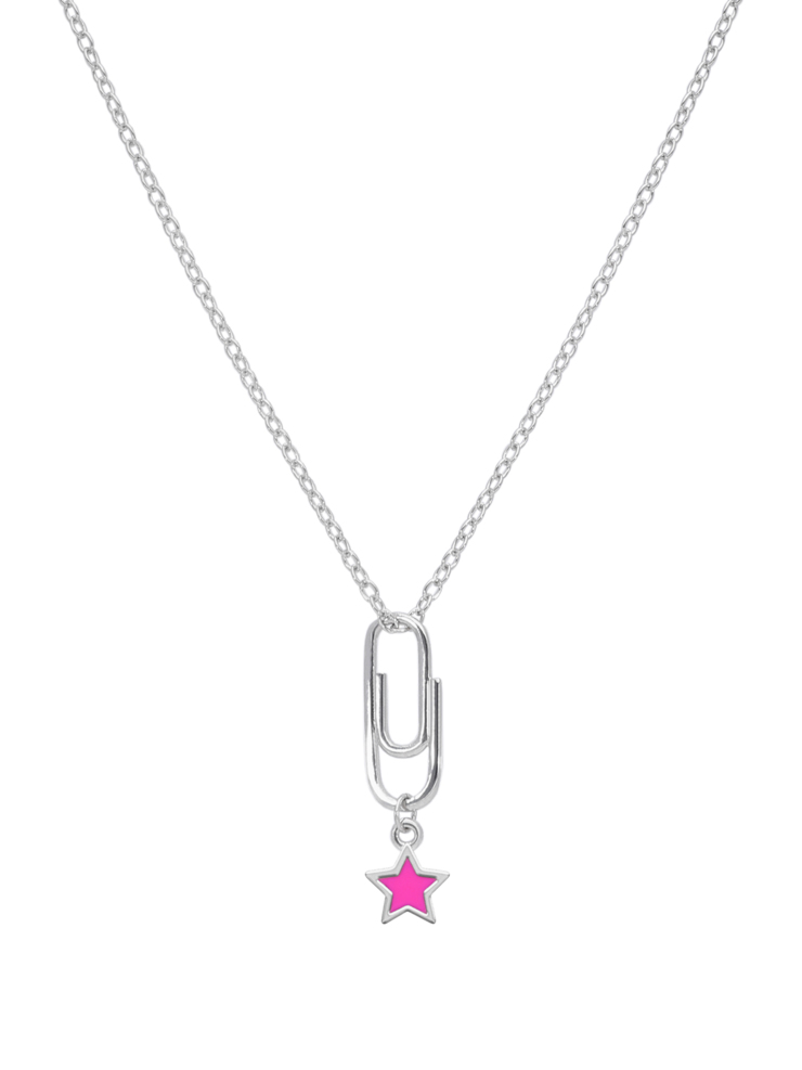 Collana con graffetta a stella. Argento 925 rodiato. Smalto fucsia. Catena adattabile. Collezione ragazze.