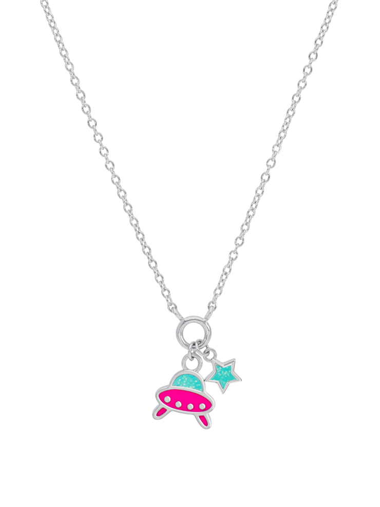 Collana astronave. Argento 925 rodiato. Smalto fucsia e turchese. Dettagli glitterati. Catena adattabile. Collezione bam
