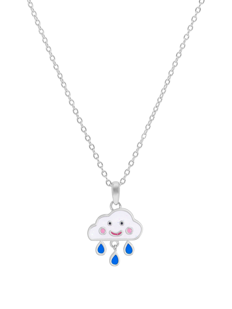 Collana nuvola di pioggia. Argento 925 rodiato. Smalto bianco, rosa e blu. Dettagli glitterati. Catena adattabile. Colle