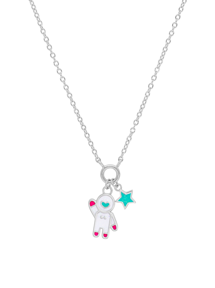 Collana astronauta. Argento 925 rodiato. Smalto bianco, fucsia e turchese. Dettagli glitterati. Catena adattabile. Colle
