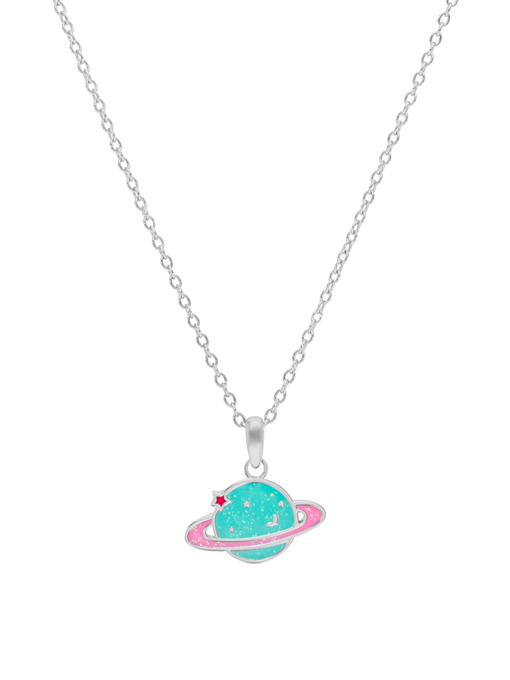 Collana pianeta. Argento 925  rodiato. Smalto rosa e turchese. Dettagli glitterati. Catena adattabile. Collezione bambin