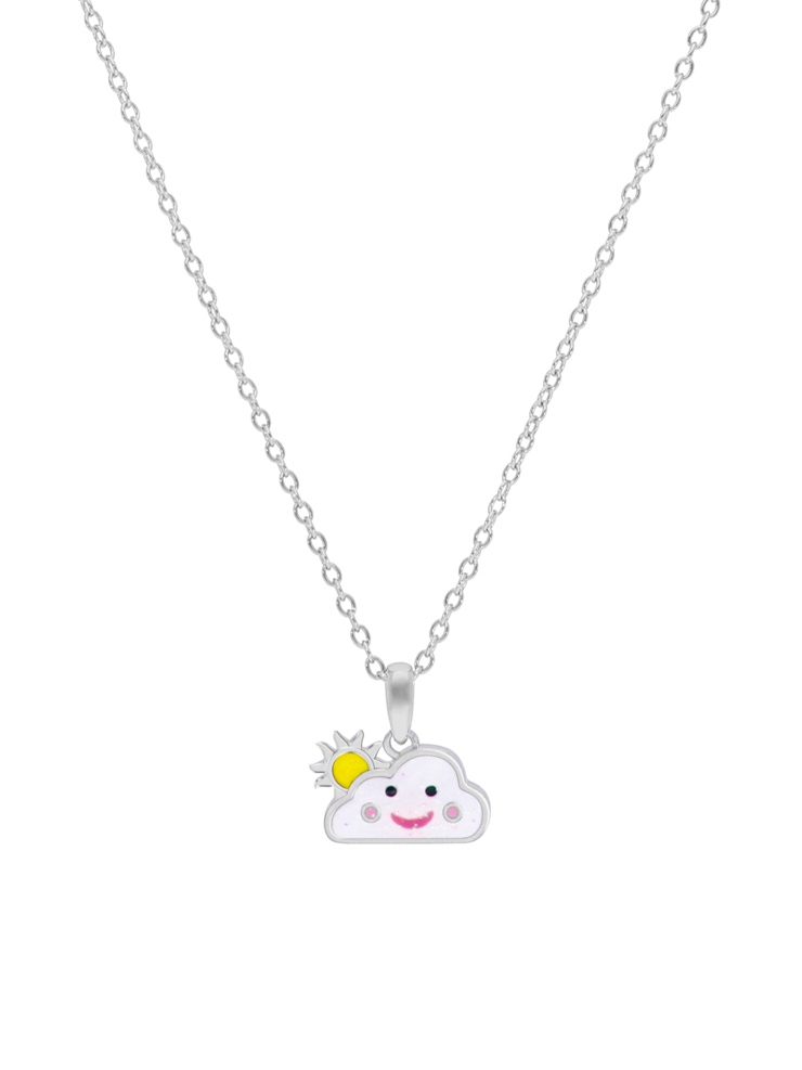 Collana nuvola e sole. Argento 925 rodiato. Smalto bianco, giallo e rosa. Dettagli glitterati. Catena adattabile. Collez