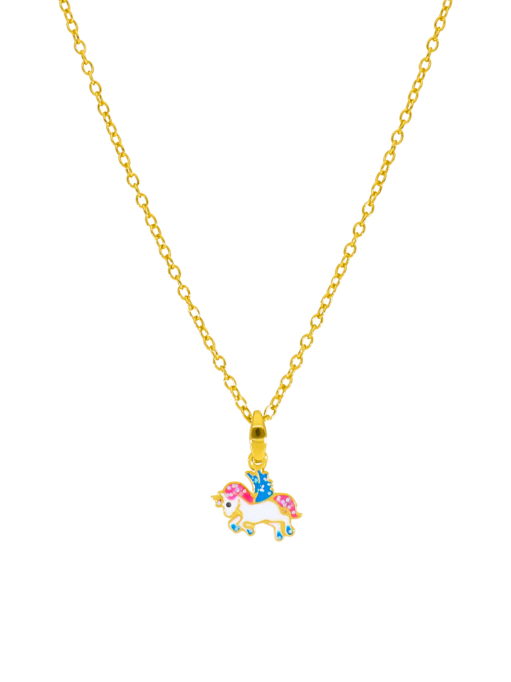 Collana unicorno. Argento 925 placcato oro 18 carati. Smalto rosa e turchese. Dettagli glitterati. Catena adattabile. Co