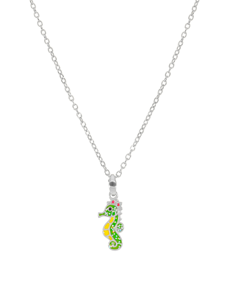Collana cavalluccio marino. Argento 925 rodiato. Smalto rosa, verde e giallo. Dettagli glitterati. Catena adattabile. Co