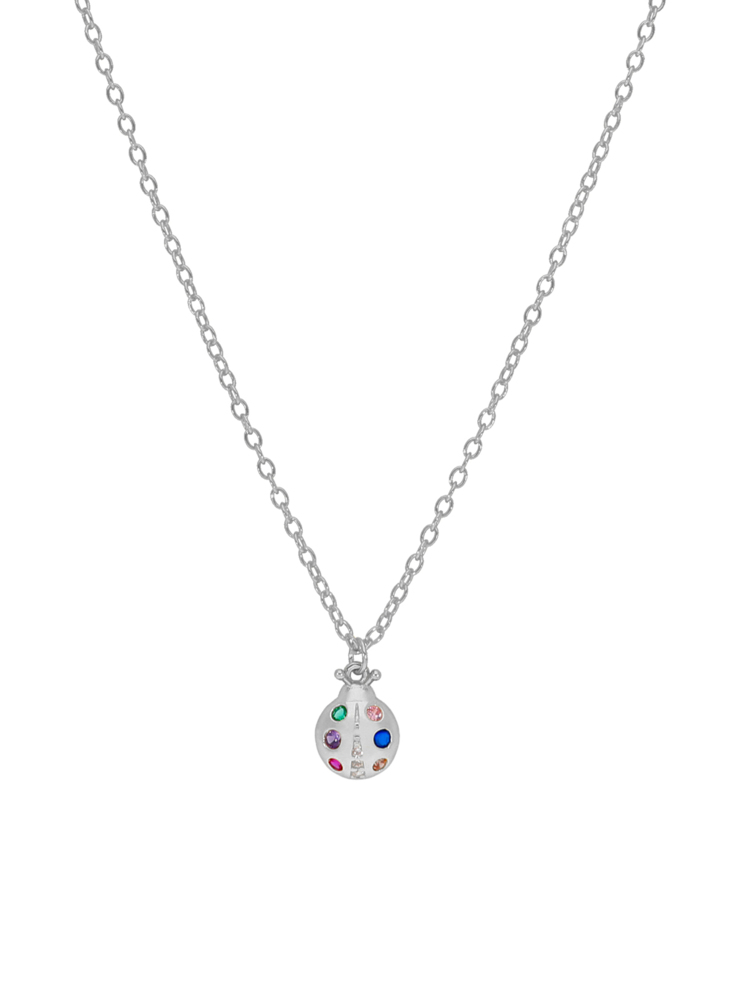 Collana coccinella. Argento 925 rodiato. Colore zirconi: rosa chiaro, zaffiro, mandarino, verde smeraldo, ametista e rub