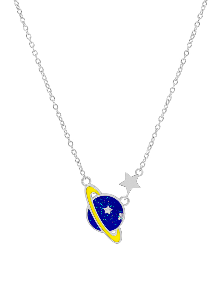 Collana pianeta con zircone. Argento 925 rodiato. Smalto blu notte e giallo fluo. Dettagli glitterati. Catena adattabile