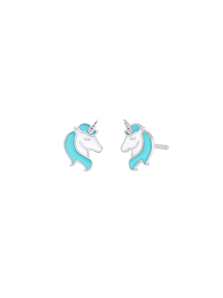 Orecchini unicorno, argento 925 rodiato, smalto azzurro. Collezione ragazze.