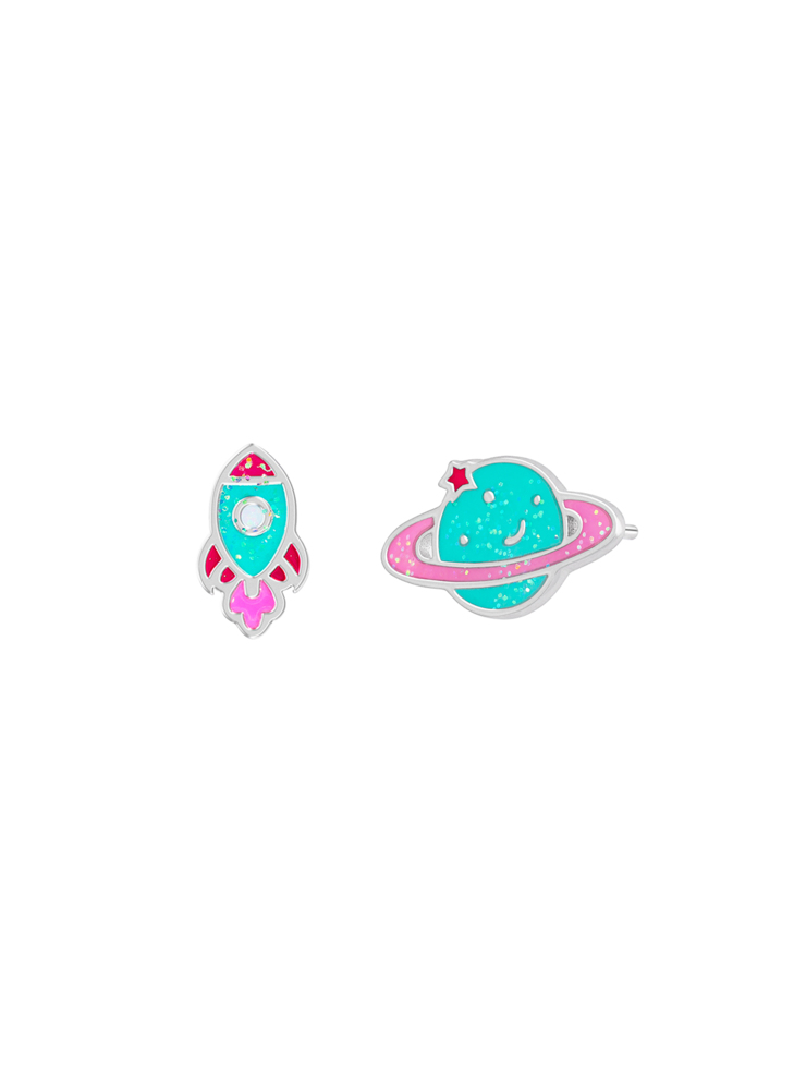 Orecchino pianeta. Argento 925 rodiato. Smalto rosa, turchese e fucsia. Dettagli glitterati. Collezione ragazze.