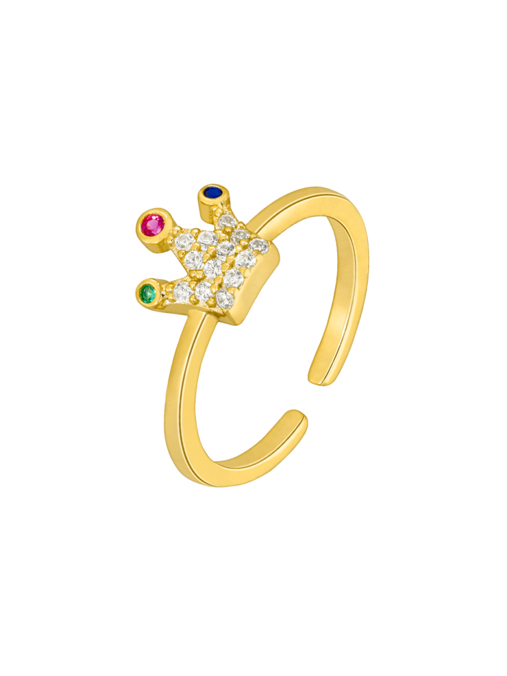 Anello corona. Argento 925 placcato oro 18 carati. Colore zirconi: zaffiro, verde smeraldo e rubino. Misura regolabile. 
